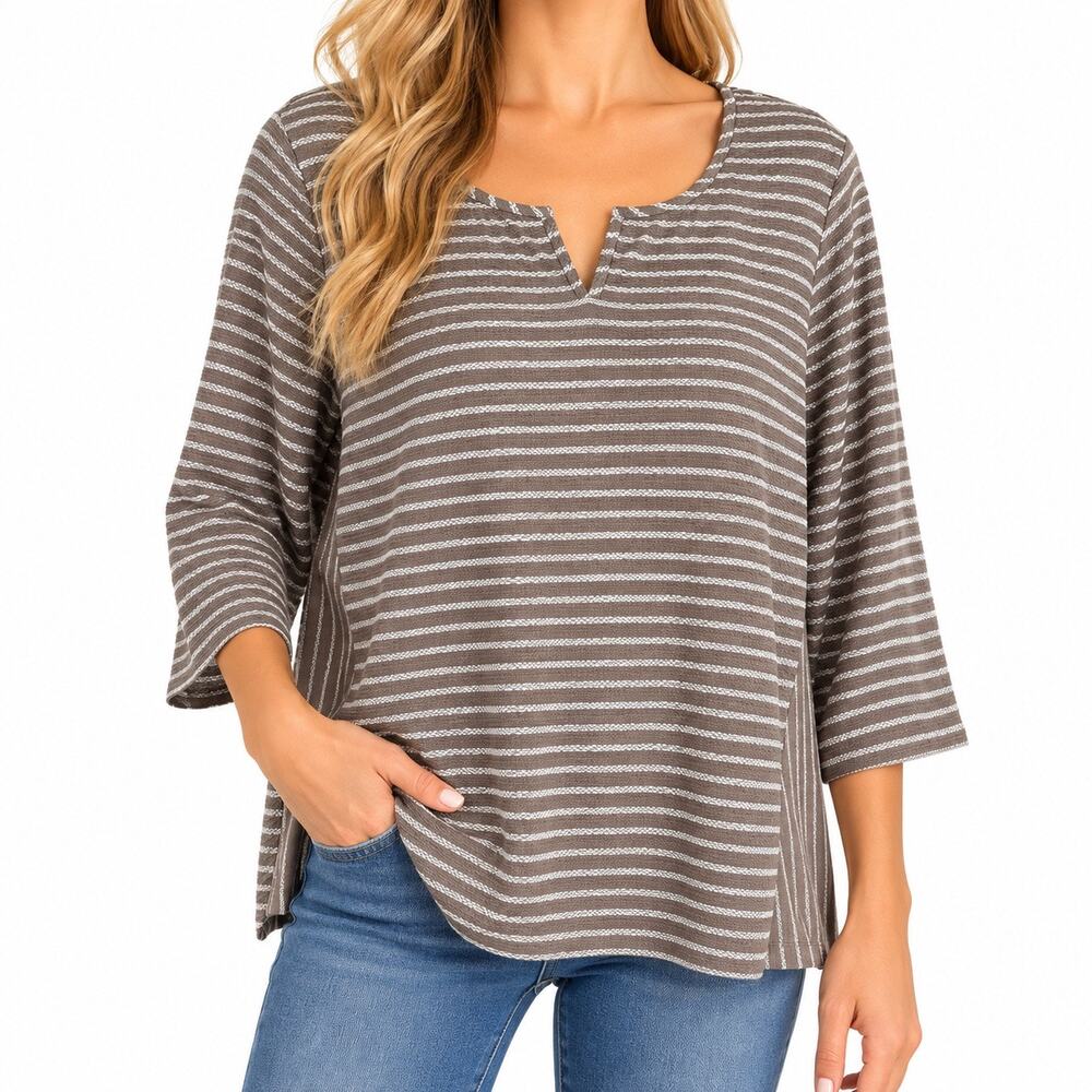 NEW NWT Chico's Size XL 3 Brown Stripe Blouse Shirt Top Cozy Winter Casual Fall